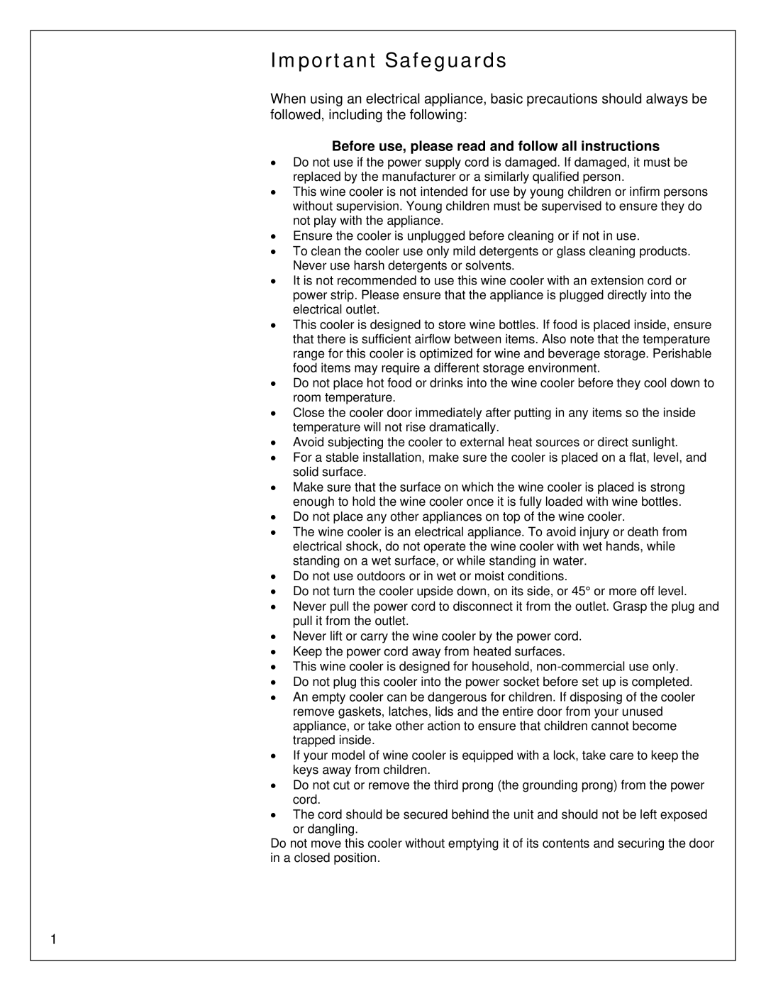 EdgeStar CWR265SZ owner manual Important Safeguards, Before use, please read and follow all instructions 