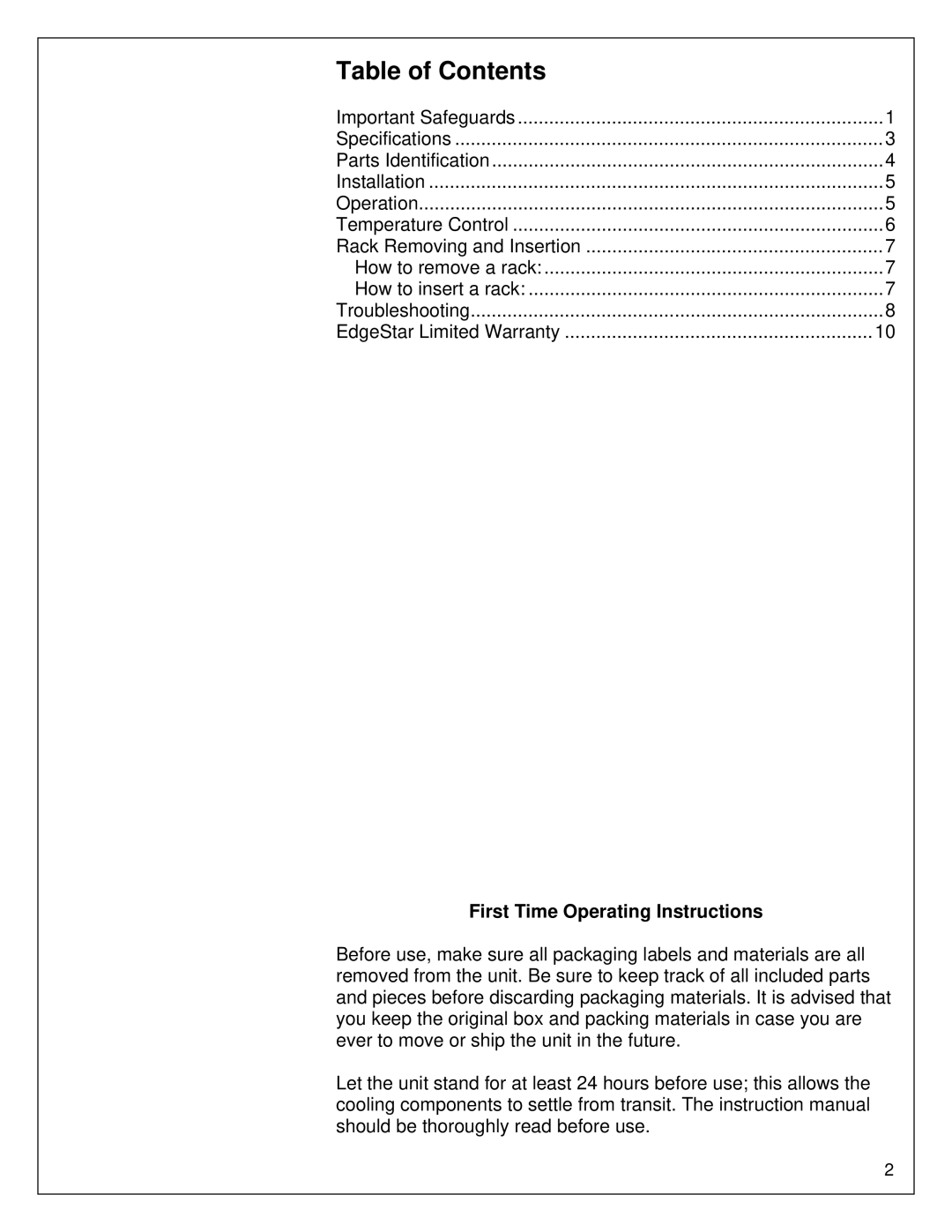 EdgeStar CWR265SZ owner manual Table of Contents 