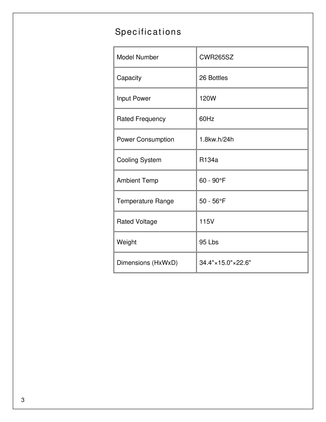 EdgeStar CWR265SZ owner manual Specifications 