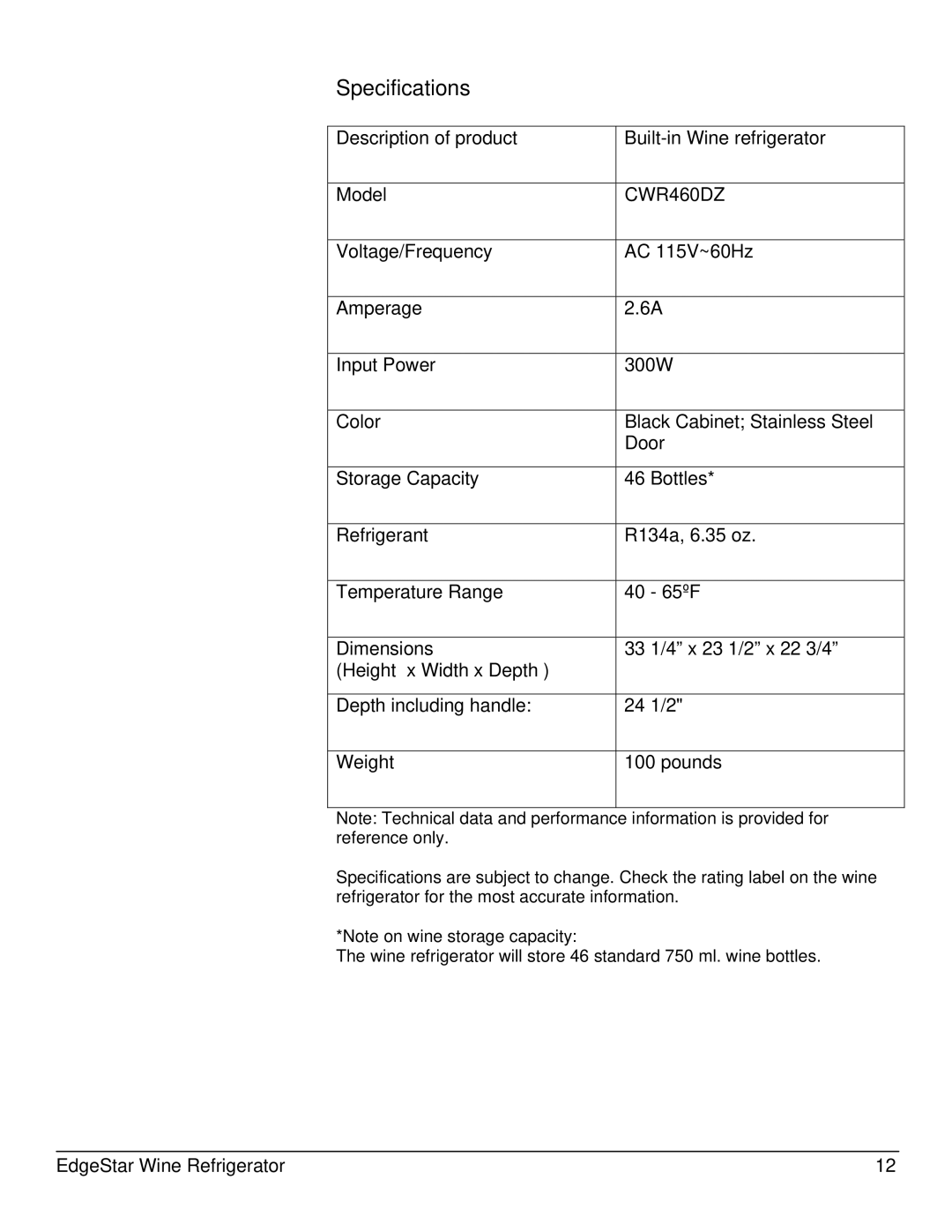 EdgeStar CWR460DZ owner manual Specifications 