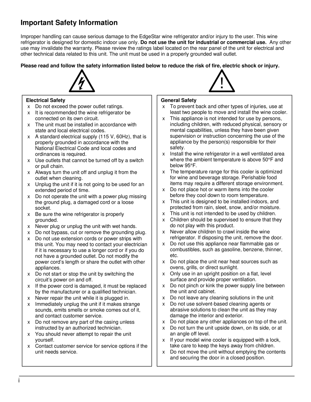 EdgeStar CWR460DZ owner manual Important Safety Information, General Safety 