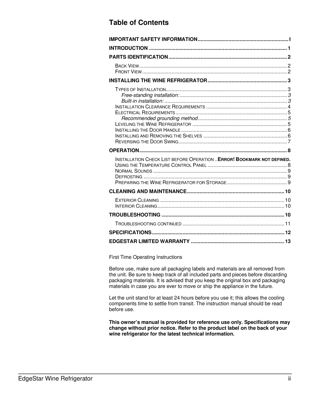 EdgeStar CWR460DZ owner manual Table of Contents 