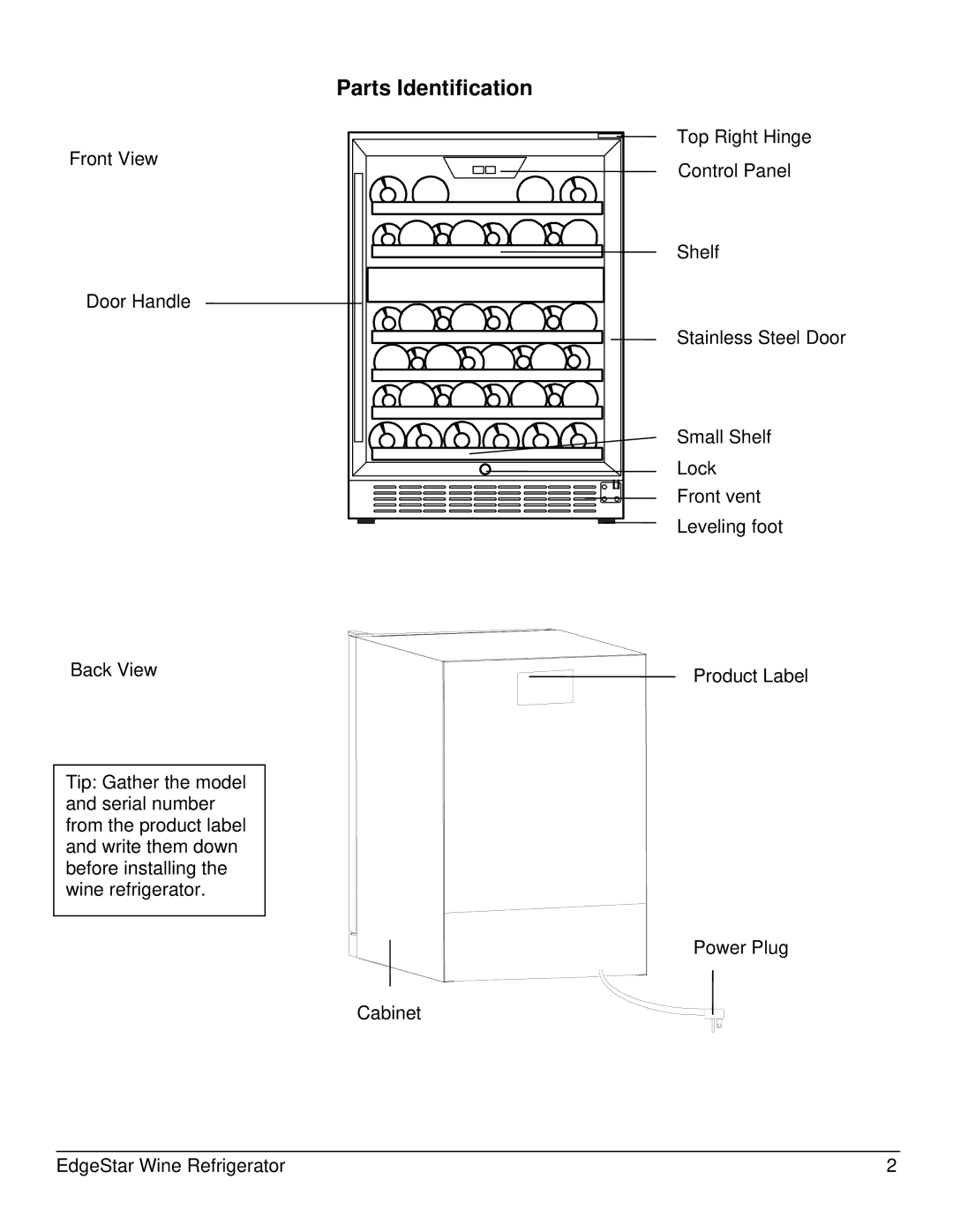 EdgeStar CWR460DZ owner manual Parts Identification, Back View 