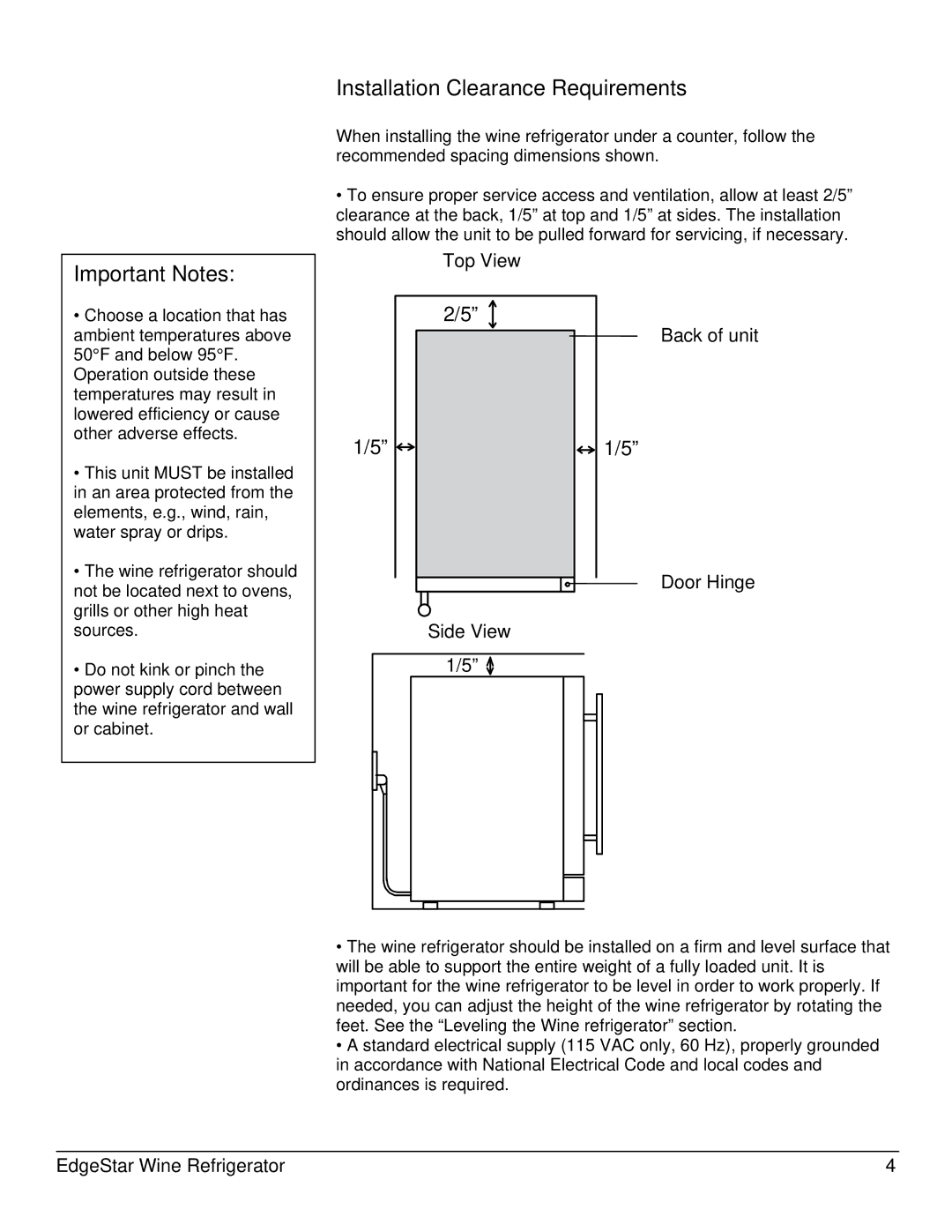 EdgeStar CWR460DZ owner manual Installation Clearance Requirements, Top View 