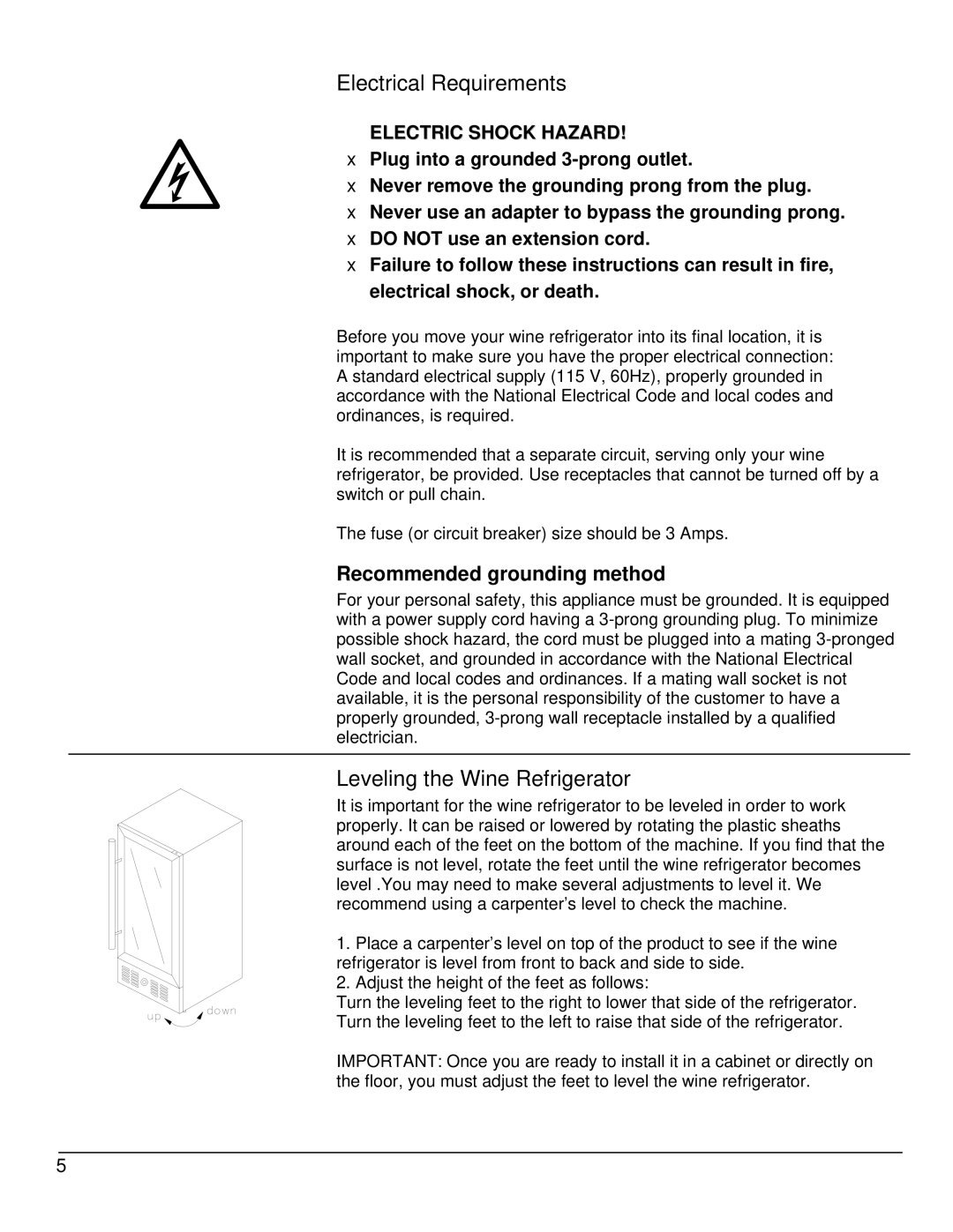 EdgeStar CWR460DZ owner manual Electrical Requirements, Leveling the Wine Refrigerator 