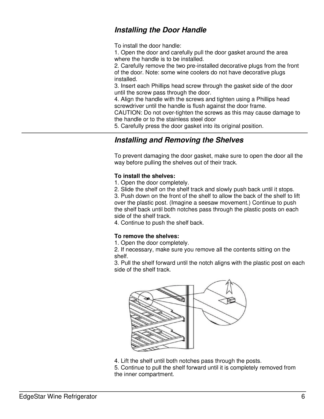 EdgeStar CWR460DZ owner manual Installing the Door Handle, Installing and Removing the Shelves 