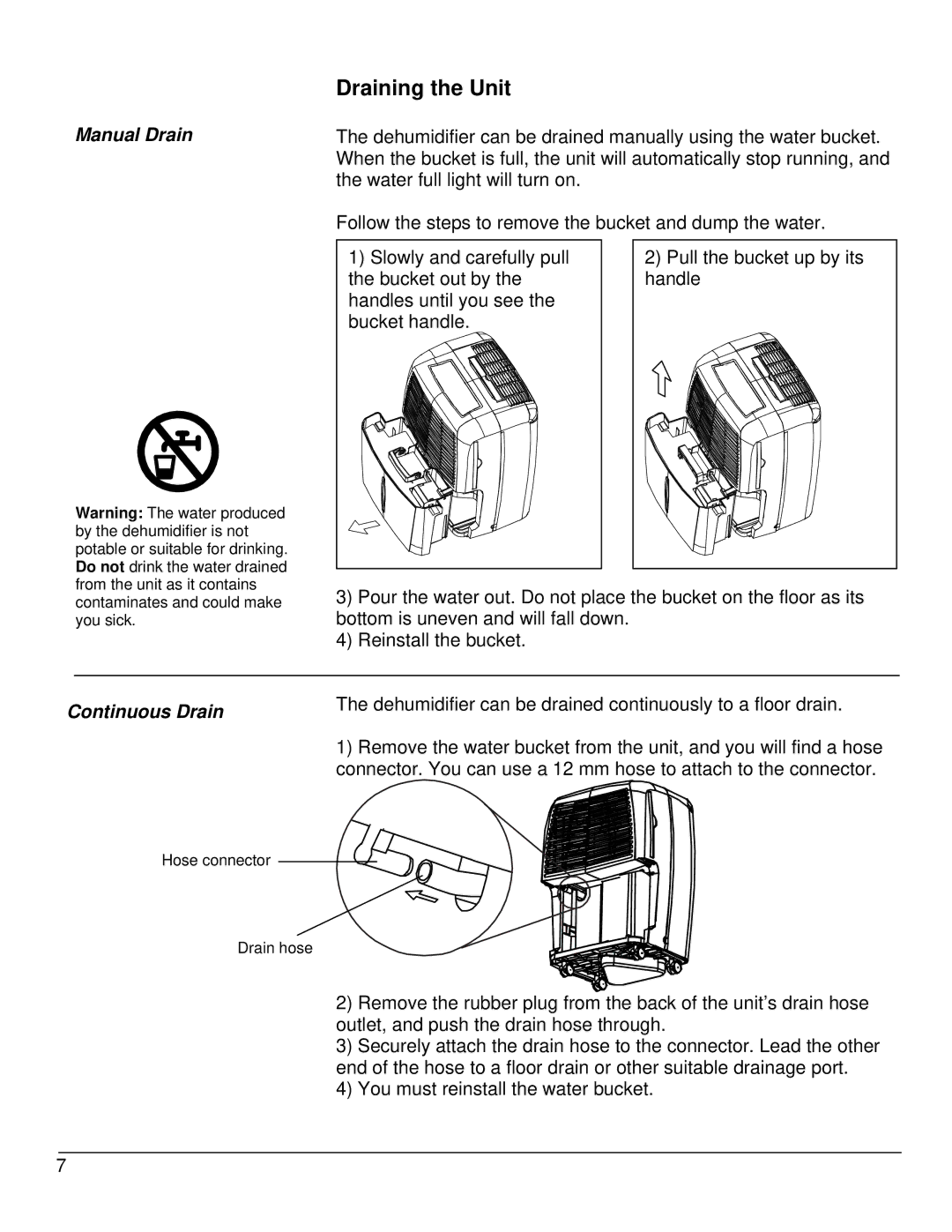 EdgeStar DEP650EW, DEP400EW, DEP740EW owner manual Draining the Unit, Manual Drain, Continuous Drain 