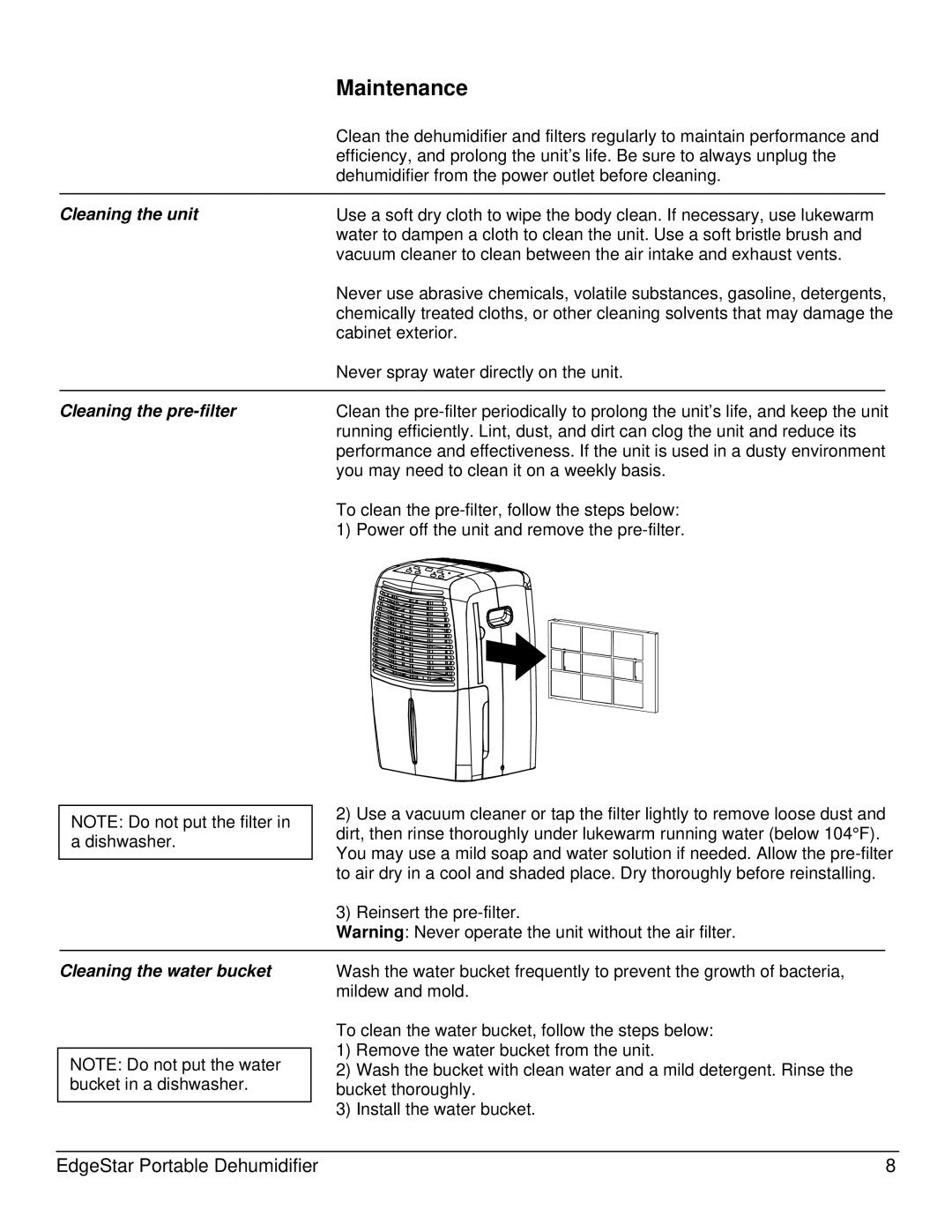 EdgeStar DEP740EW, DEP400EW, DEP650EW owner manual Maintenance, Cleaning the unit 