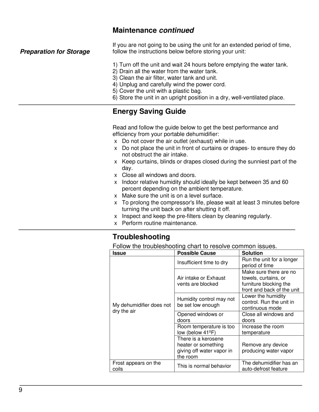 EdgeStar DEP400EW, DEP650EW Energy Saving Guide, Troubleshooting, Preparation for Storage, Issue Possible Cause, Solution 