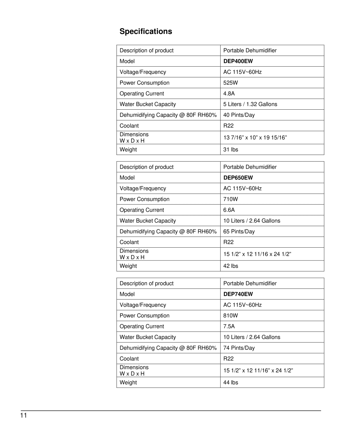 EdgeStar DEP740EW, DEP650EW owner manual Specifications, DEP400EW 