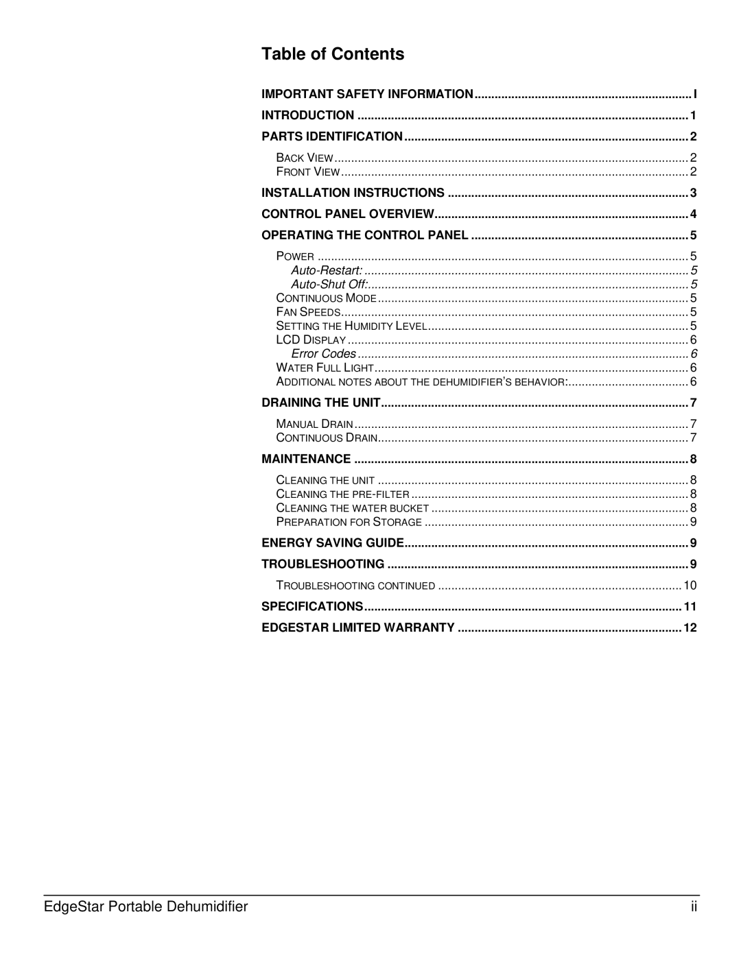 EdgeStar DEP400EW, DEP650EW, DEP740EW owner manual Table of Contents 