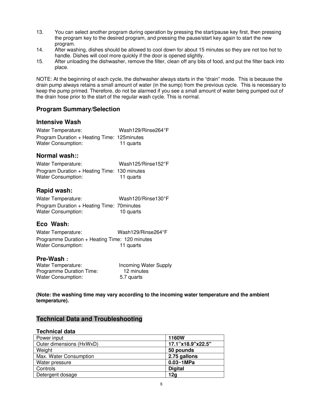 EdgeStar DWP45E owner manual Program Summary/Selection Intensive Wash, Normal wash, Rapid wash, Eco Wash, Pre-Wash 