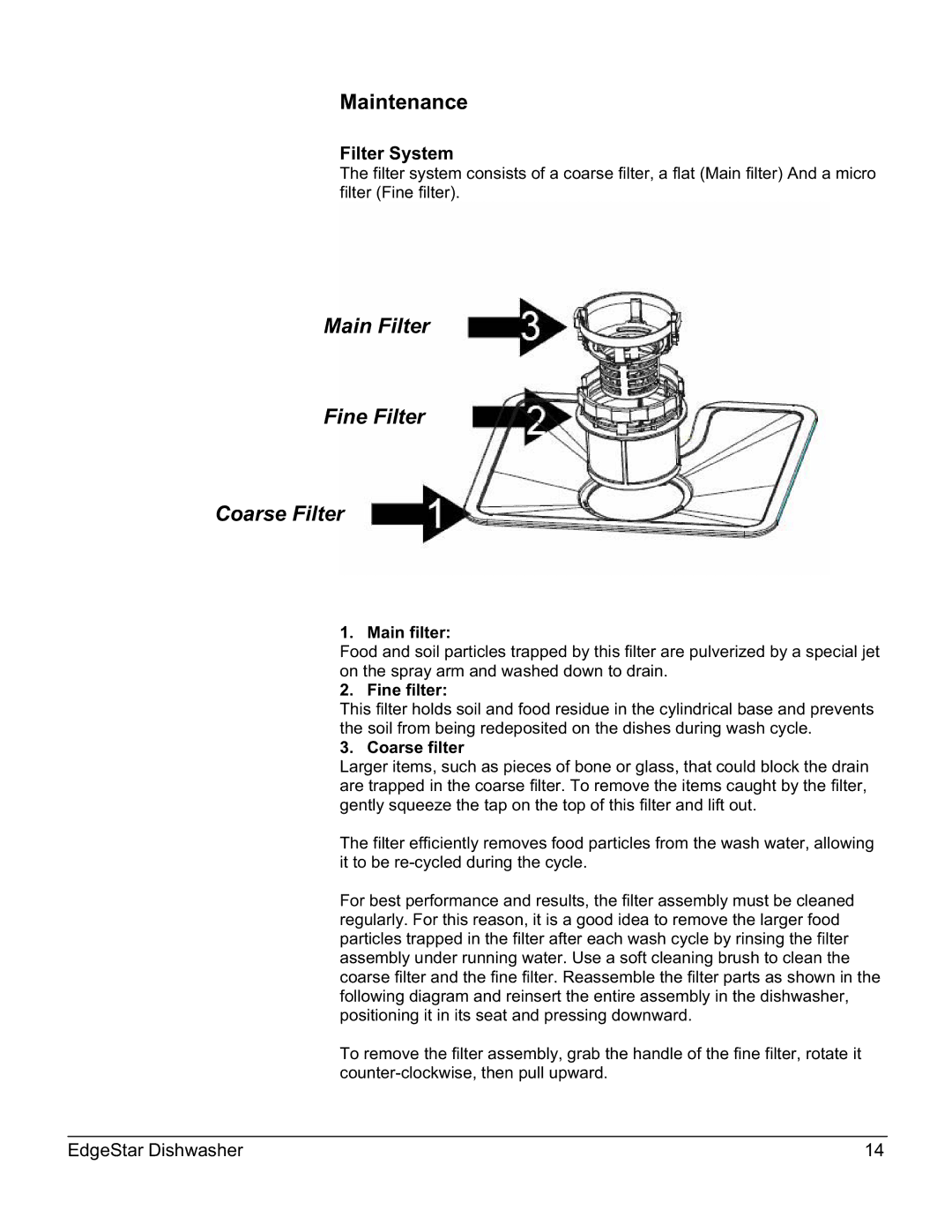 EdgeStar DWP60ES owner manual Maintenance, Filter System, Main filter, Fine filter, Coarse filter 