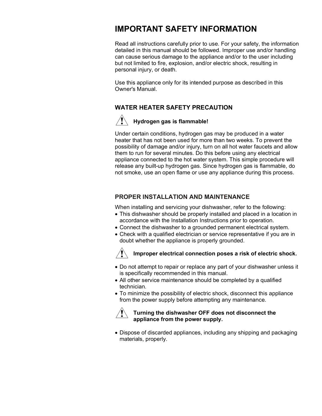 EdgeStar DWP60ES owner manual Important Safety Information, Hydrogen gas is flammable 