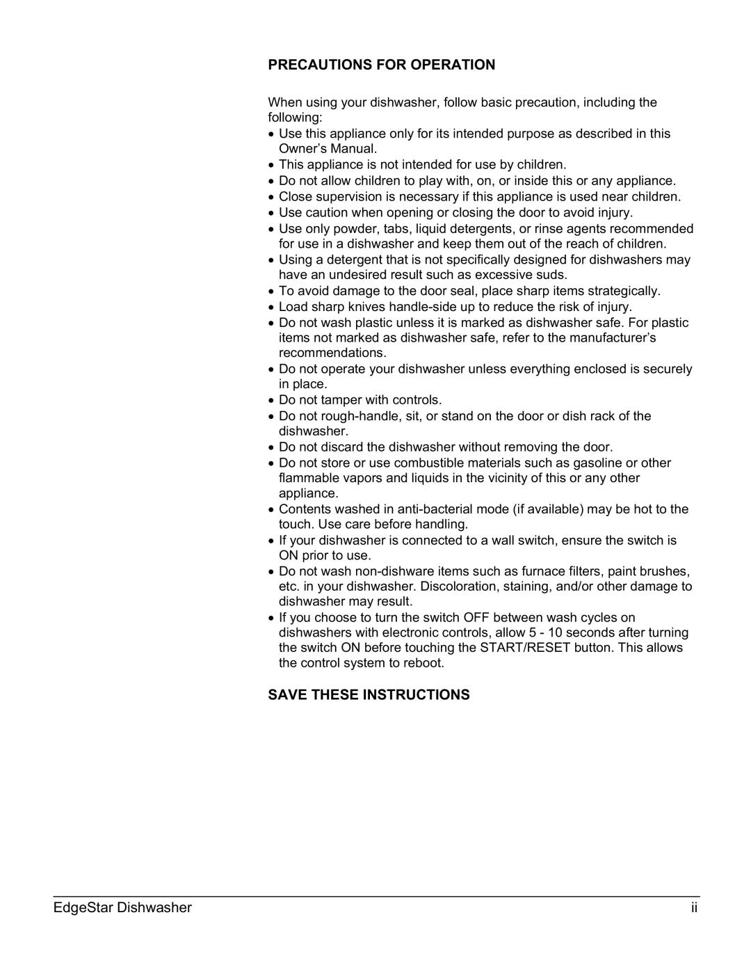 EdgeStar DWP60ES owner manual Precautions for Operation 