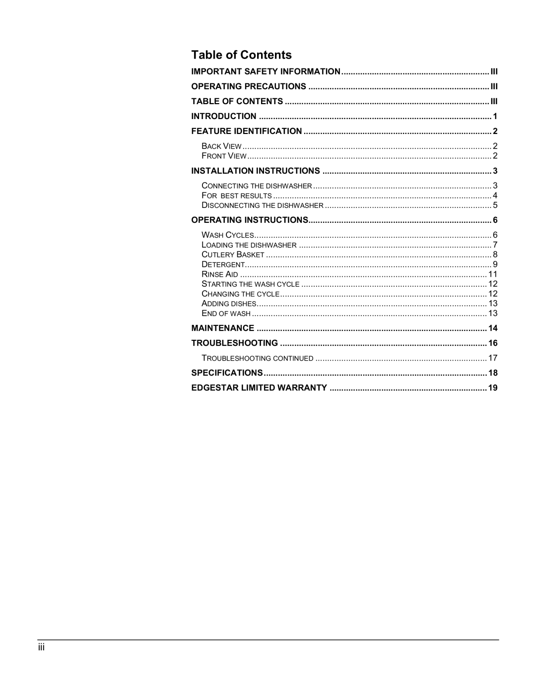 EdgeStar DWP60ES owner manual Table of Contents 