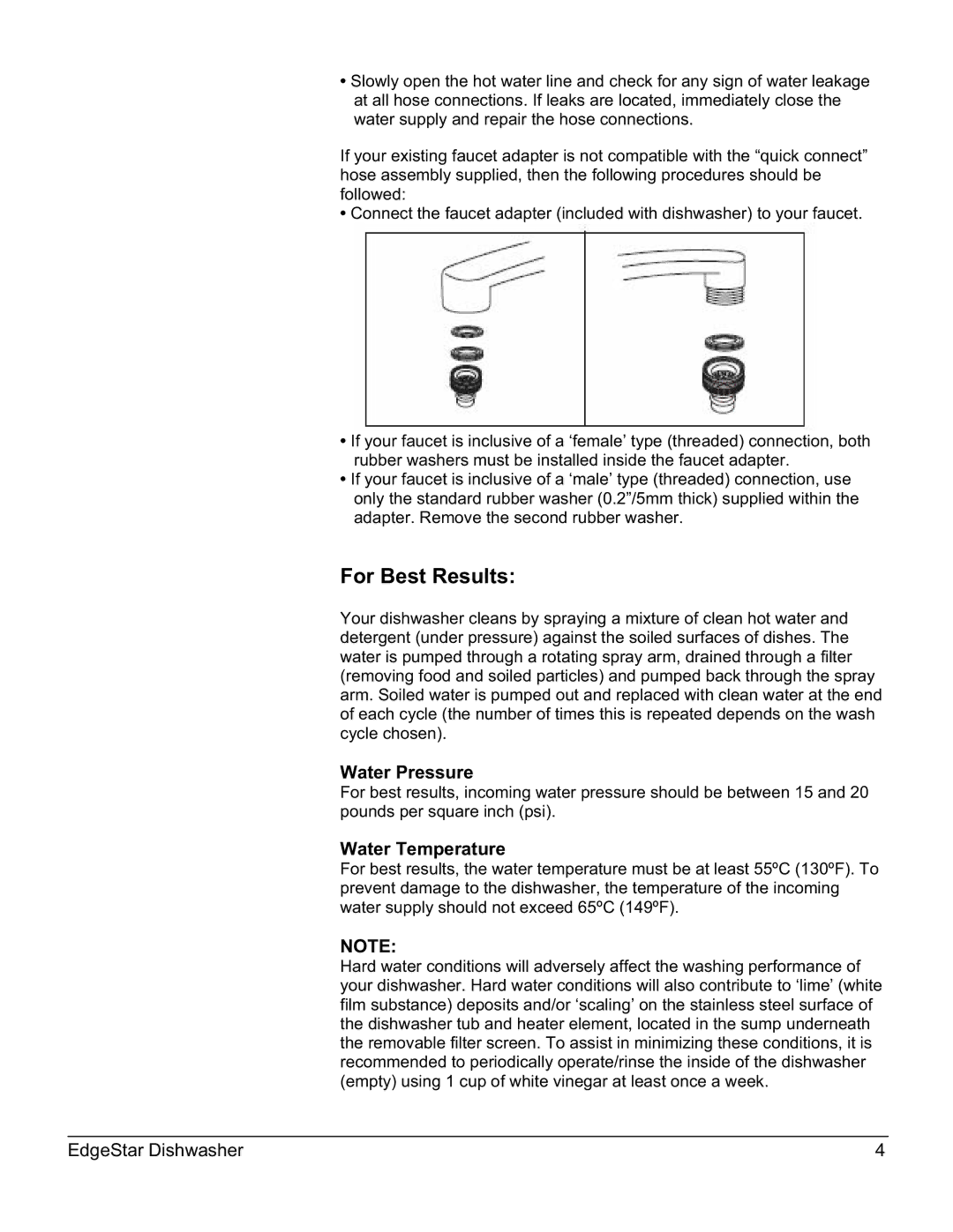 EdgeStar DWP60ES owner manual For Best Results, Water Pressure, Water Temperature 