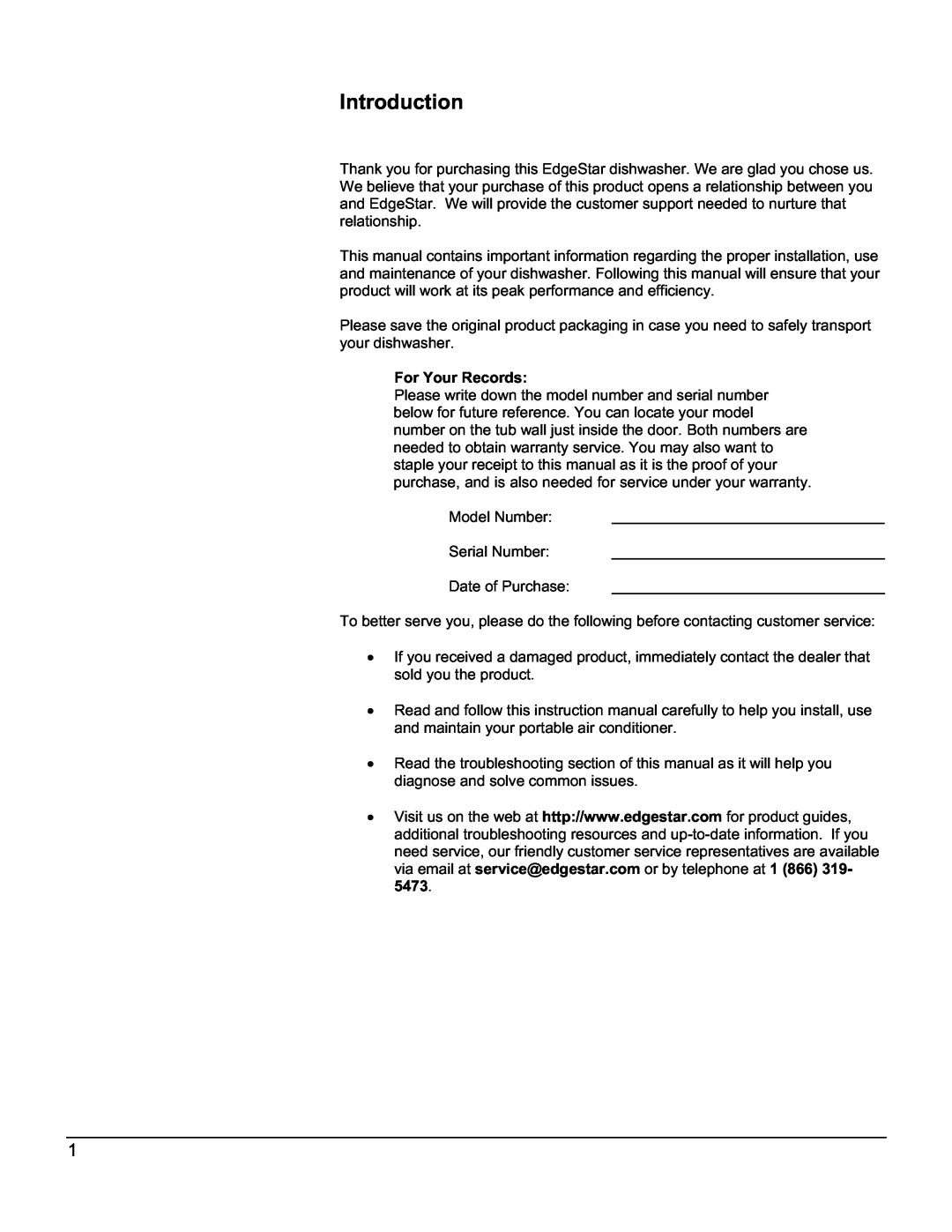 EdgeStar DWP60ES owner manual Introduction, For Your Records 