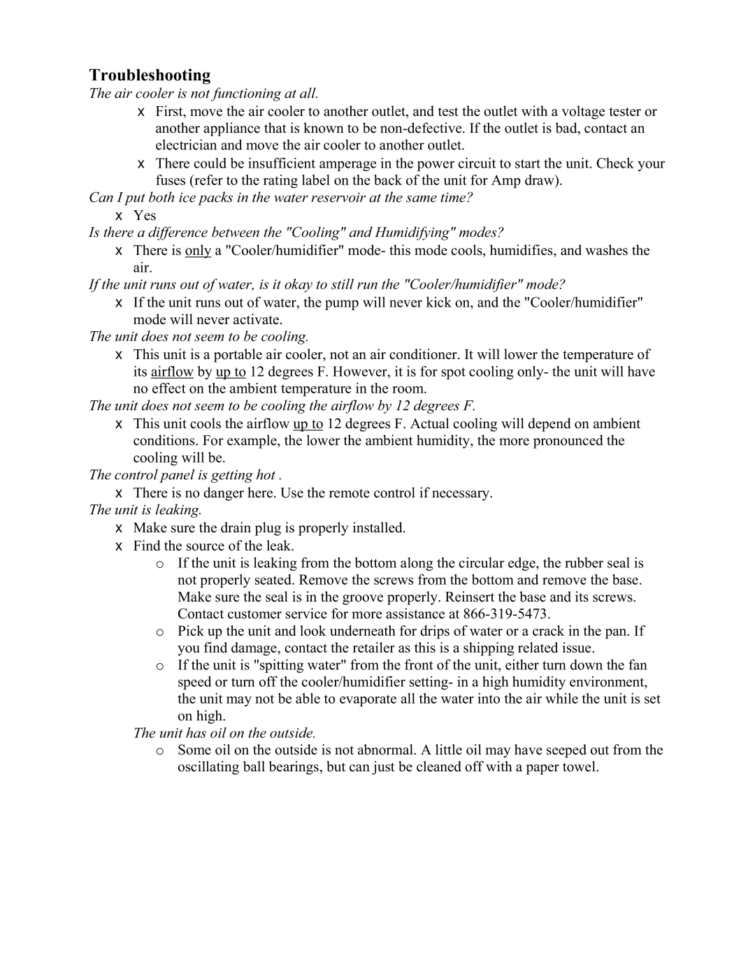 EdgeStar EAC211TS manual Troubleshooting, Air cooler is not functioning at all 