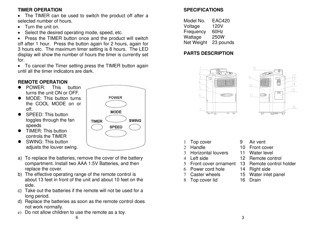 EdgeStar EAC420 manual Timer Operation, Specifications, Parts Description 