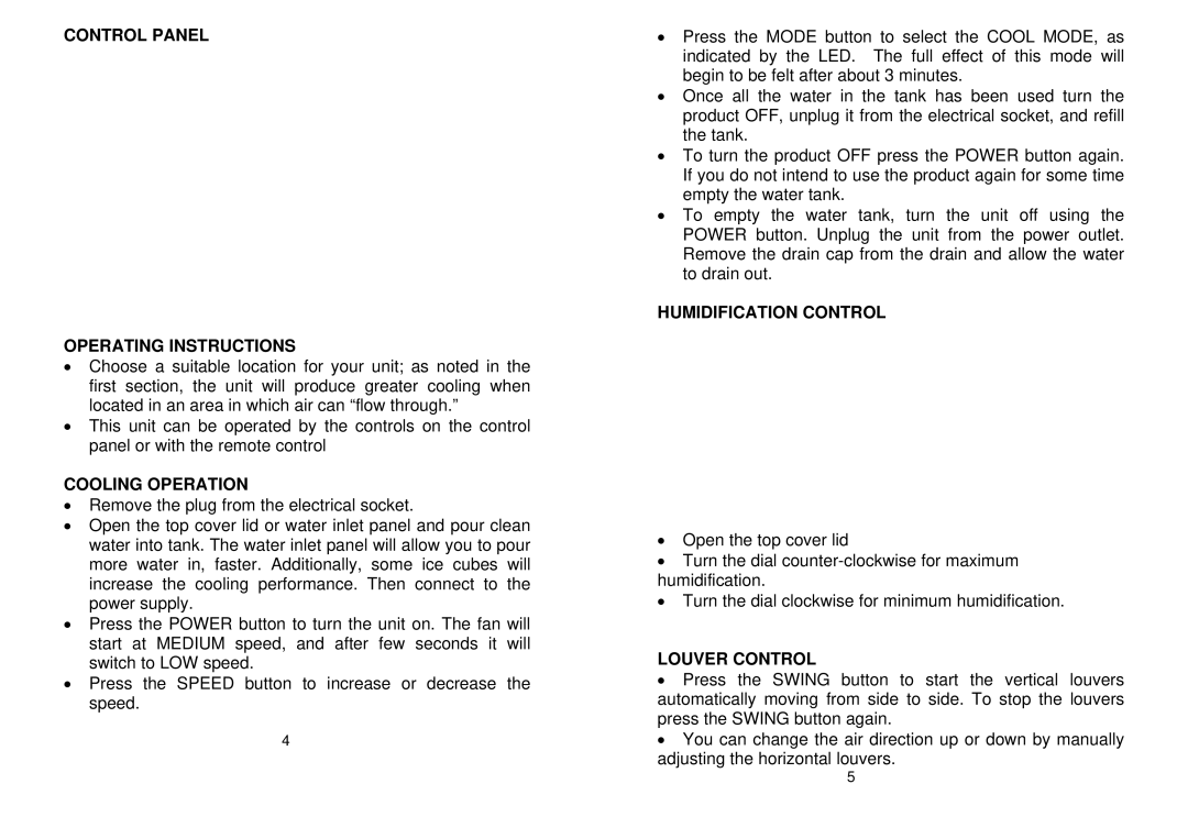 EdgeStar EAC420 manual Control Panel Operating Instructions, Cooling Operation, Humidification Control, Louver Control 