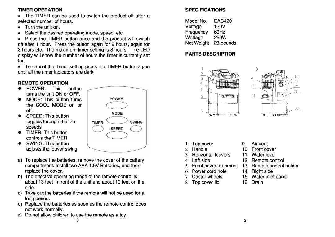 EdgeStar EAC420 manual Timer Operation, Specifications, Parts Description 