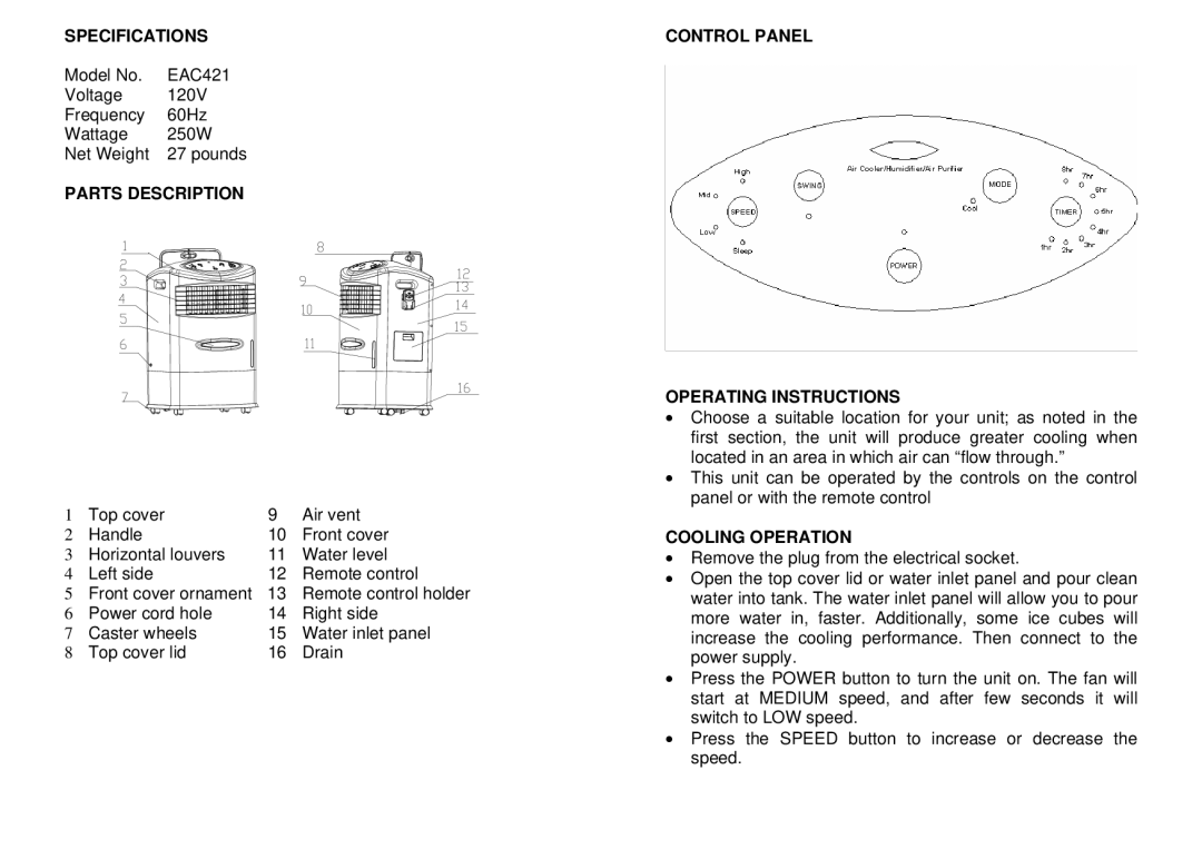 EdgeStar EAC421 warranty Specifications, Parts Description Operating Instructions, Cooling Operation 