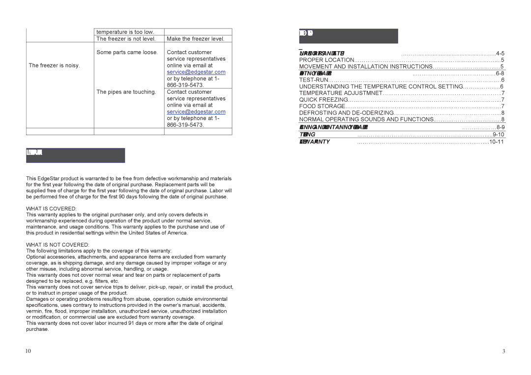 EdgeStar FP430-FP860 manual Limited Waranty, Table of Contents 