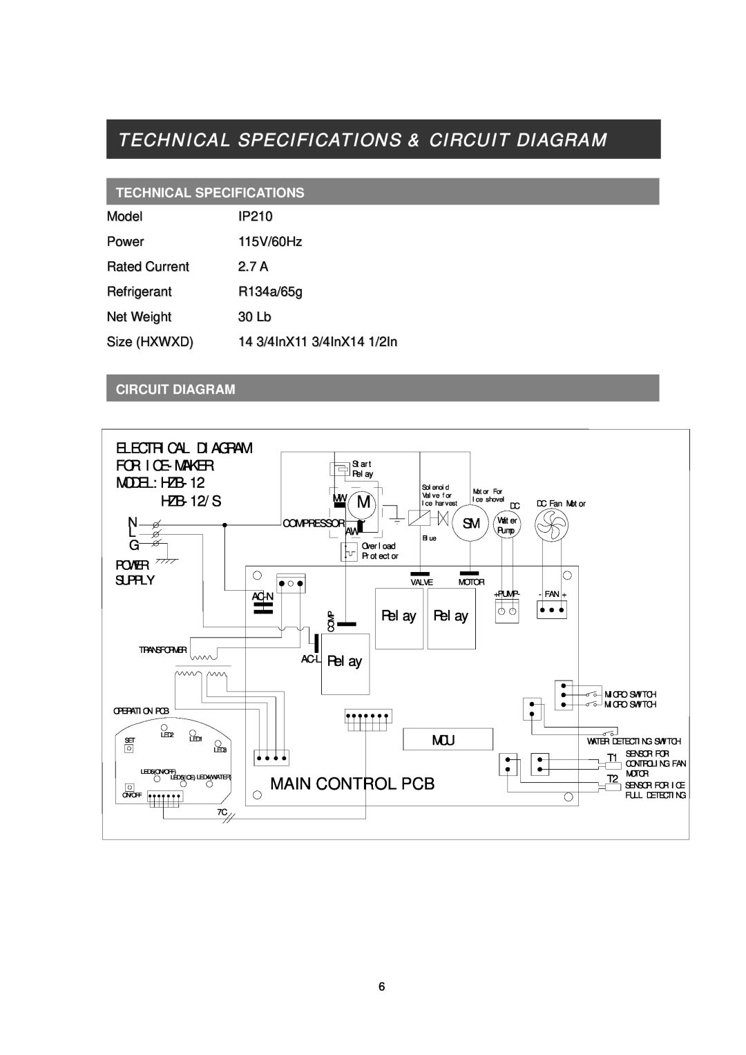 EdgeStar Technical Specifications & Circuit Diagram, Main Control Pcb, For I Ce- Maker, Model Hzb, HZB- 12/ S, Rel ay 