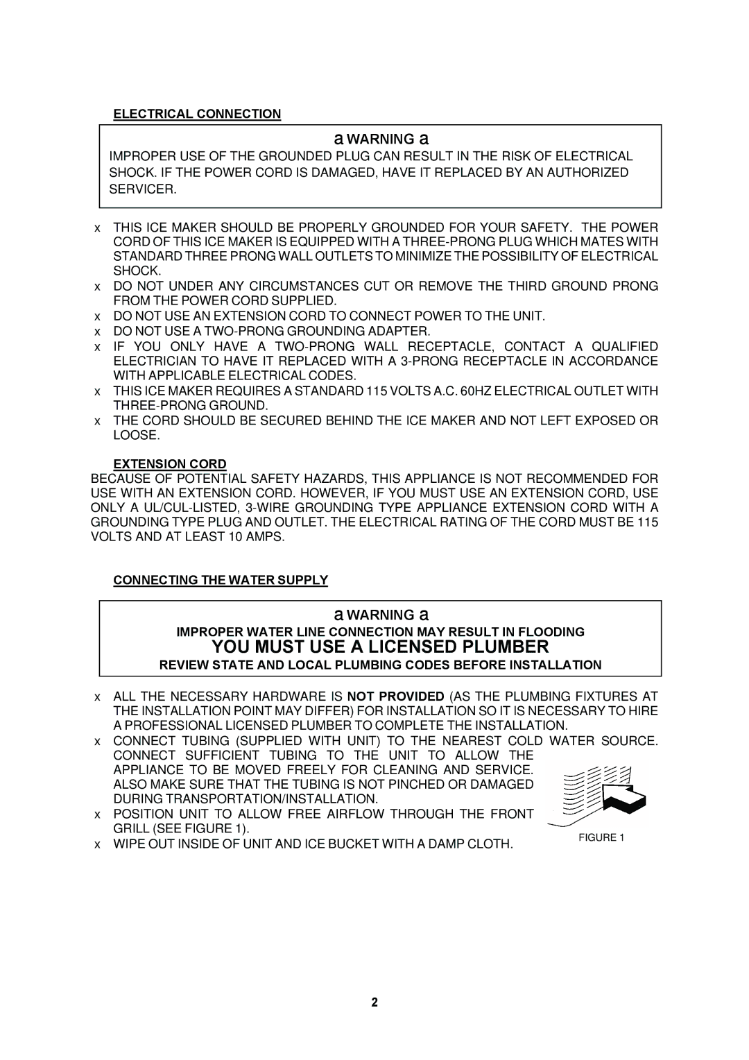 EdgeStar IB120SS ¾ Electrical Connection, ¾ Extension Cord, Review State and Local Plumbing Codes Before Installation 