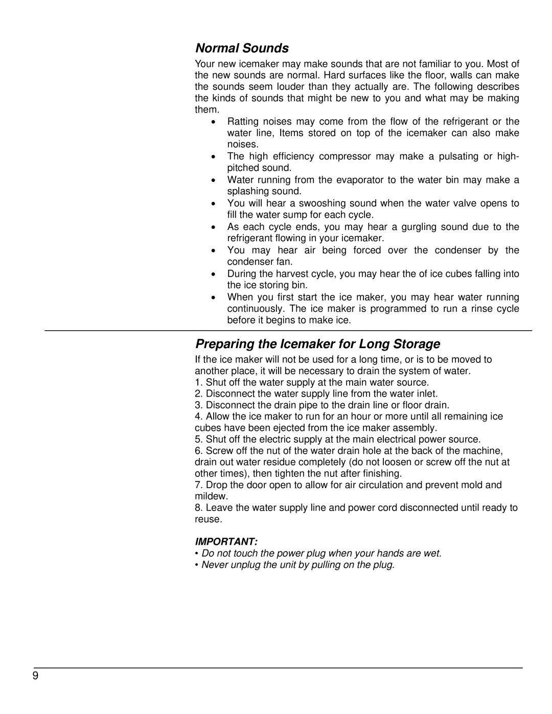 EdgeStar IB1500SS, IB1000SS, IB650SS owner manual Normal Sounds, Preparing the Icemaker for Long Storage 