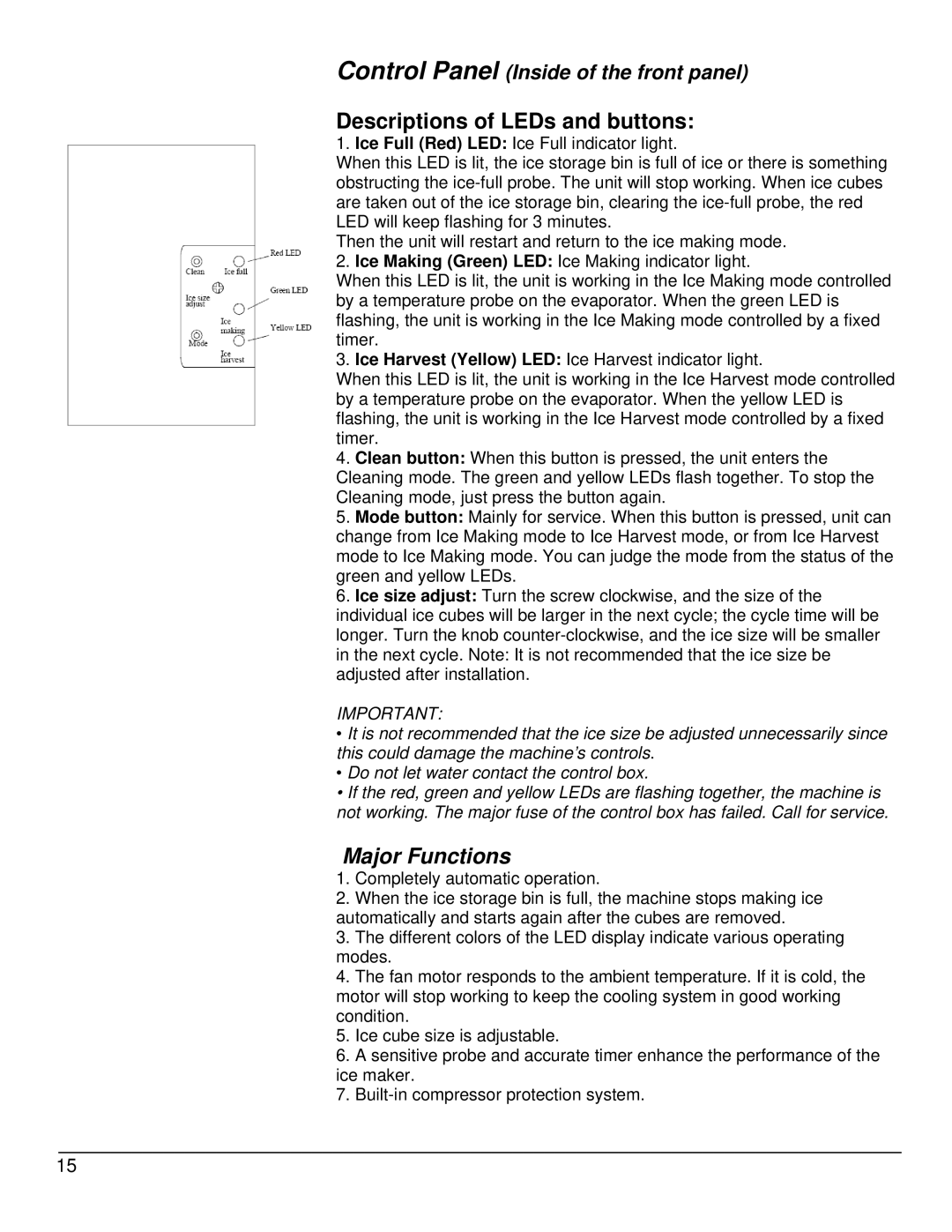 EdgeStar IB1500SS, IB1000SS, IB650SS owner manual Descriptions of LEDs and buttons, Major Functions 