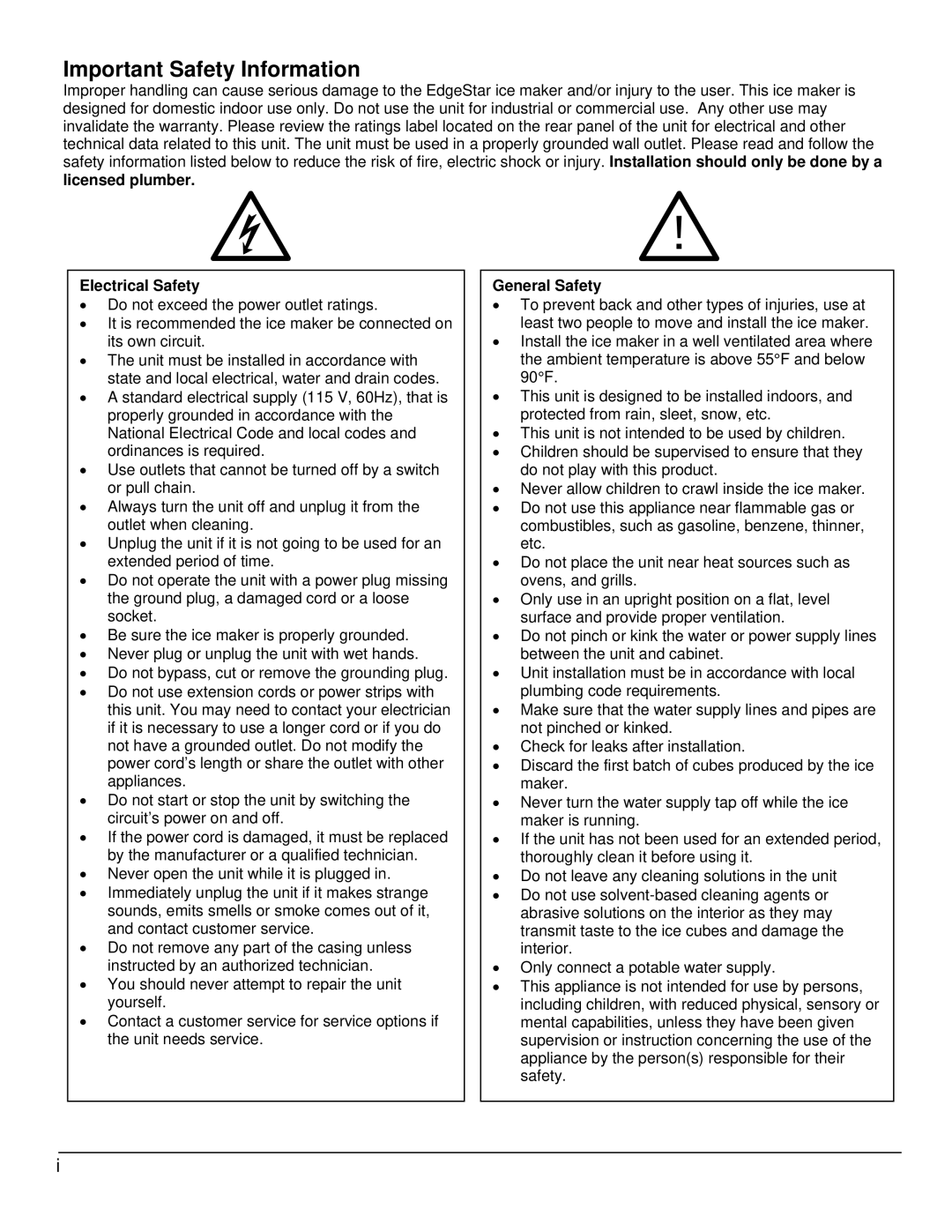 EdgeStar IB650SS, IB1500SS, IB1000SS owner manual Important Safety Information, Licensed plumber Electrical Safety 