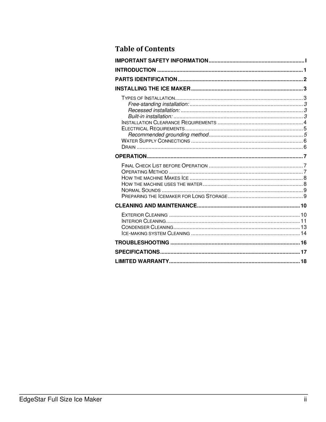 EdgeStar IB1500SS, IB1000SS, IB650SS owner manual Table of Contents 