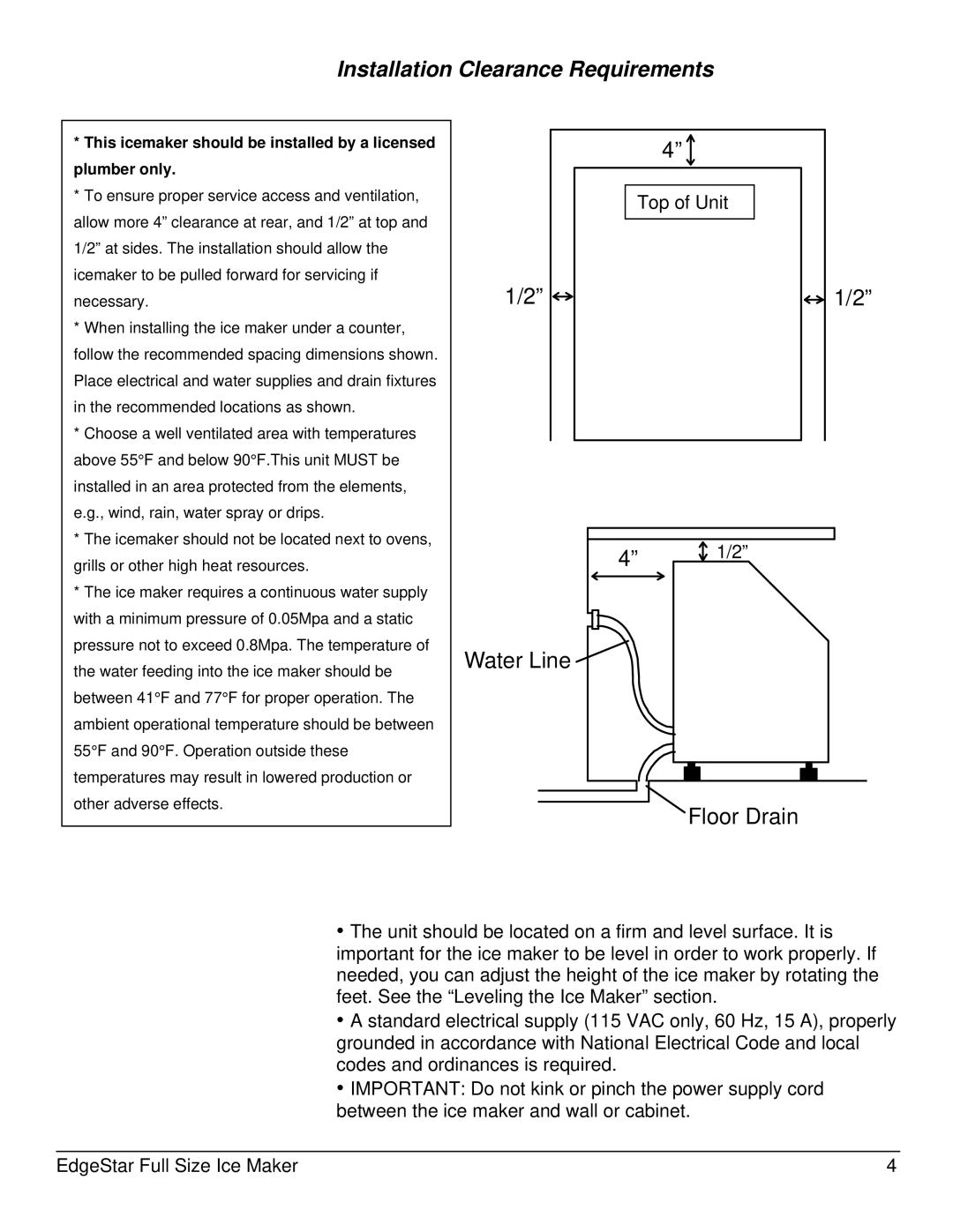 EdgeStar IB1000SS, IB1500SS, IB650SS owner manual Installation Clearance Requirements, Water Line Floor Drain 