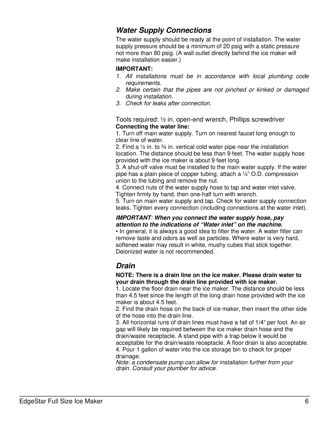 EdgeStar IB1500SS, IB1000SS, IB650SS owner manual Water Supply Connections, Drain 