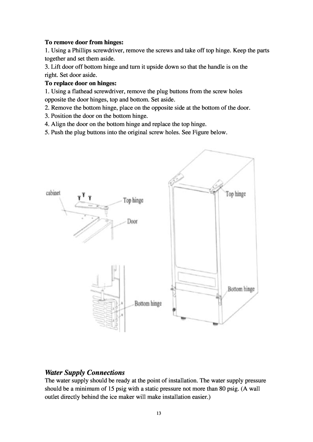 EdgeStar IB450SS owner manual Water Supply Connections, To remove door from hinges, To replace door on hinges 