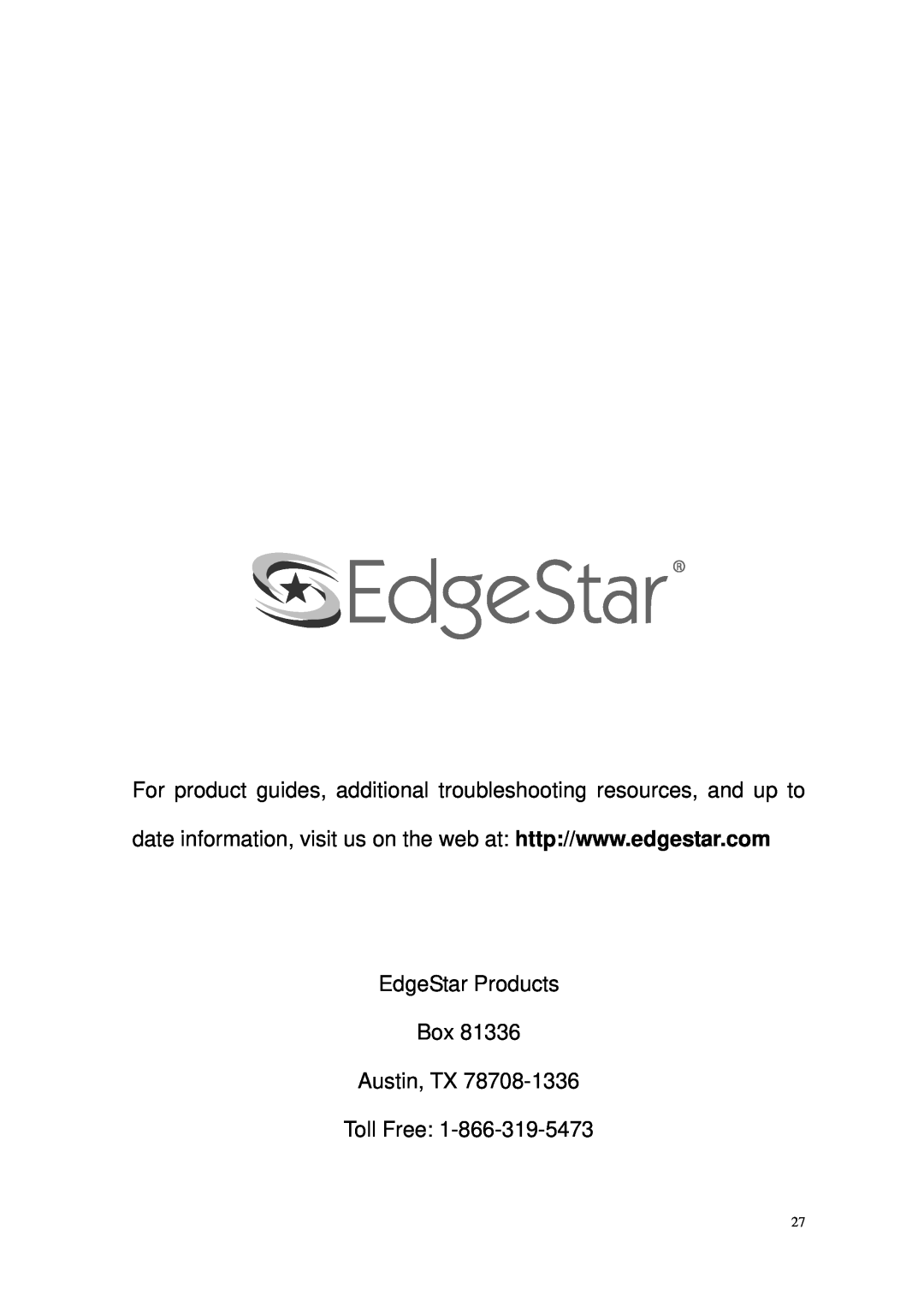 EdgeStar IB450SS owner manual EdgeStar Products Box Austin, TX Toll Free 
