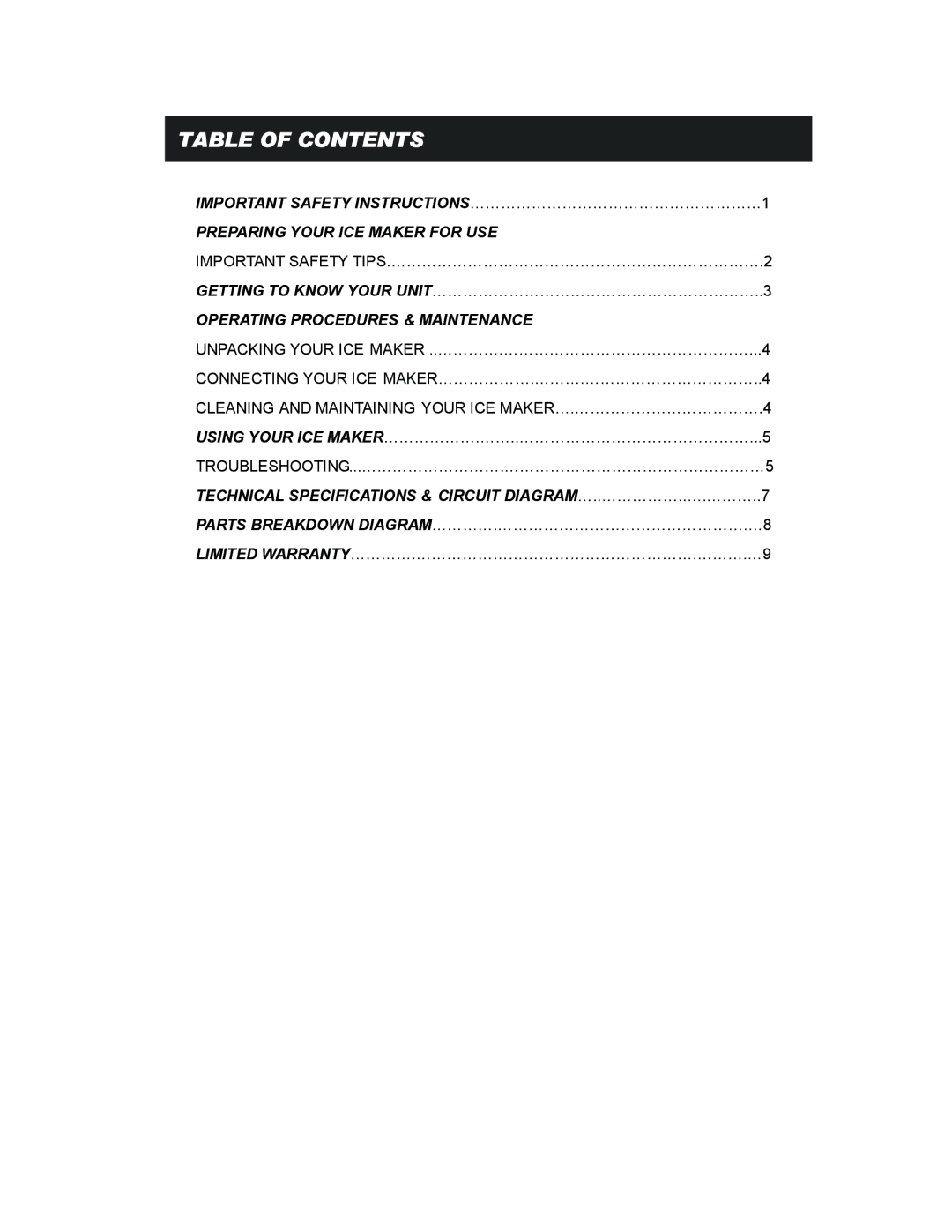 EdgeStar IP200 owner manual Table of Contents 