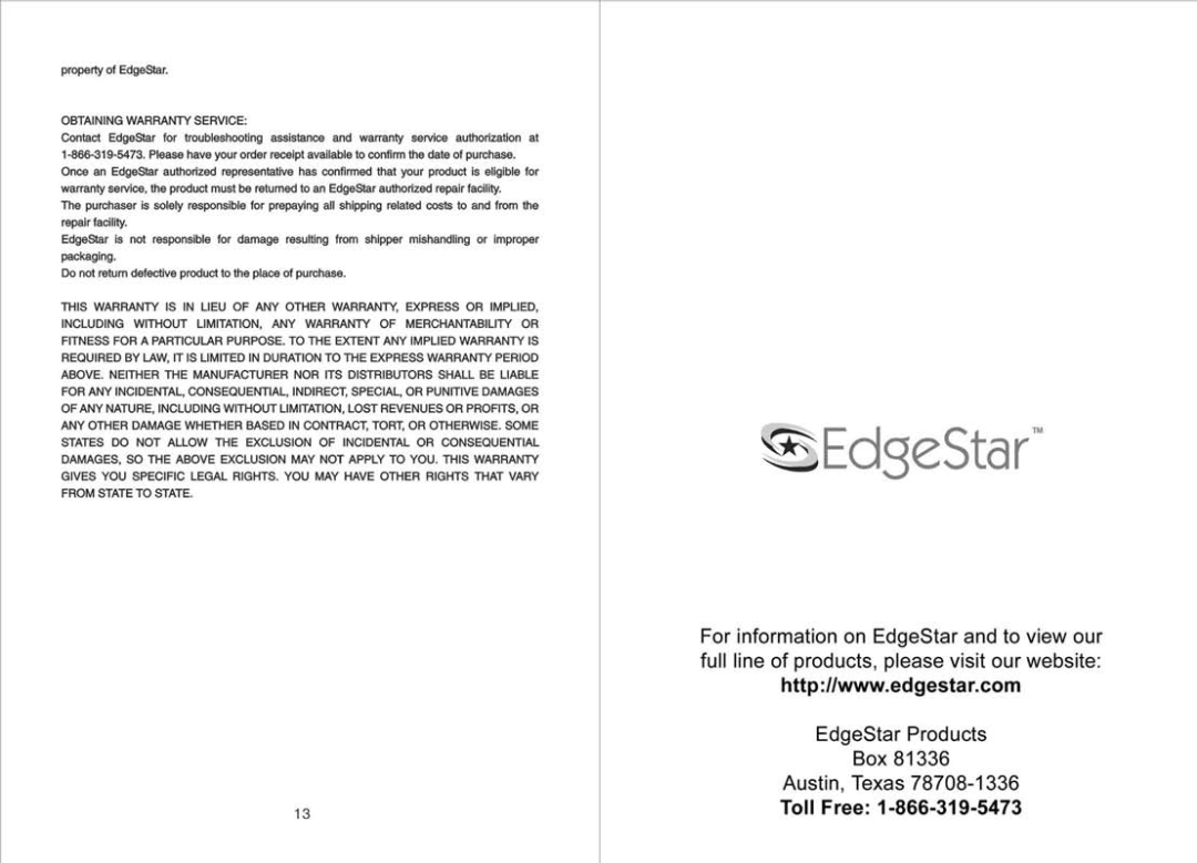 EdgeStar IP201SS manual 