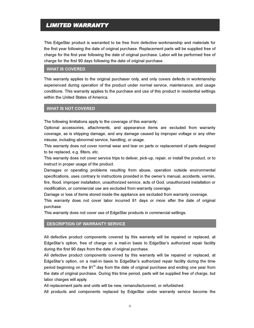 EdgeStar IP210SS manual What is Covered, What is not Covered, Description of Warranty Service 