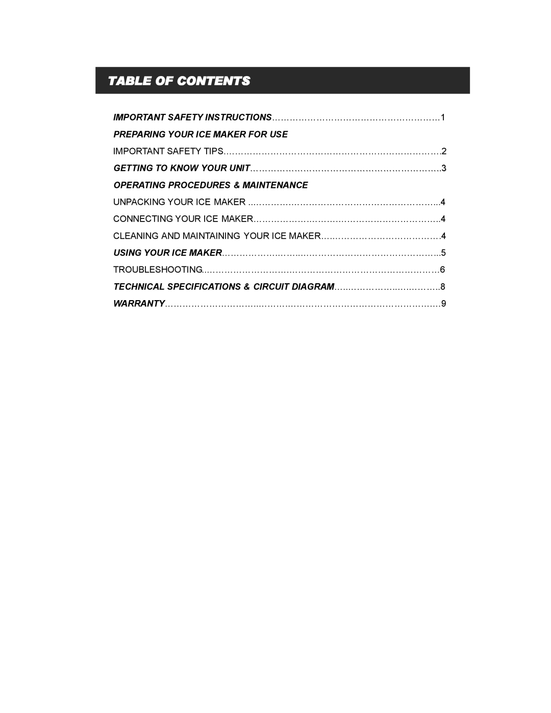 EdgeStar IP210SS manual Technical Specifications & Circuit DIAGRAM…..……………..….………..8 