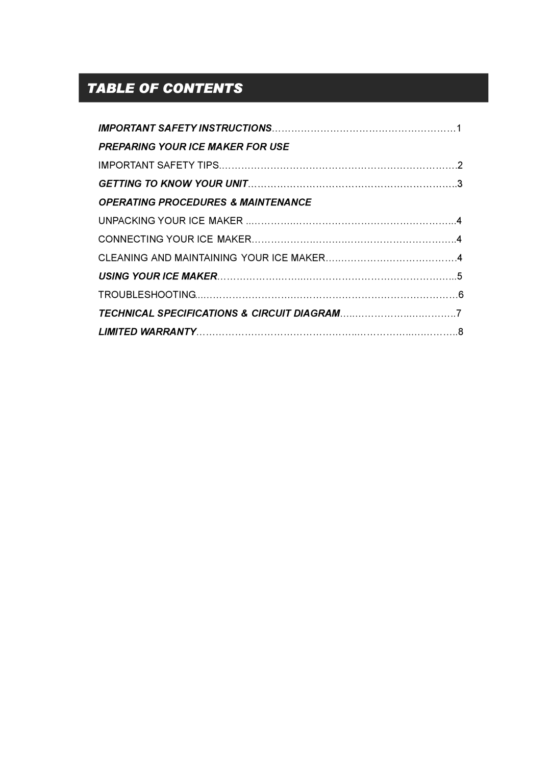 EdgeStar IP300P manual Table of Contents 