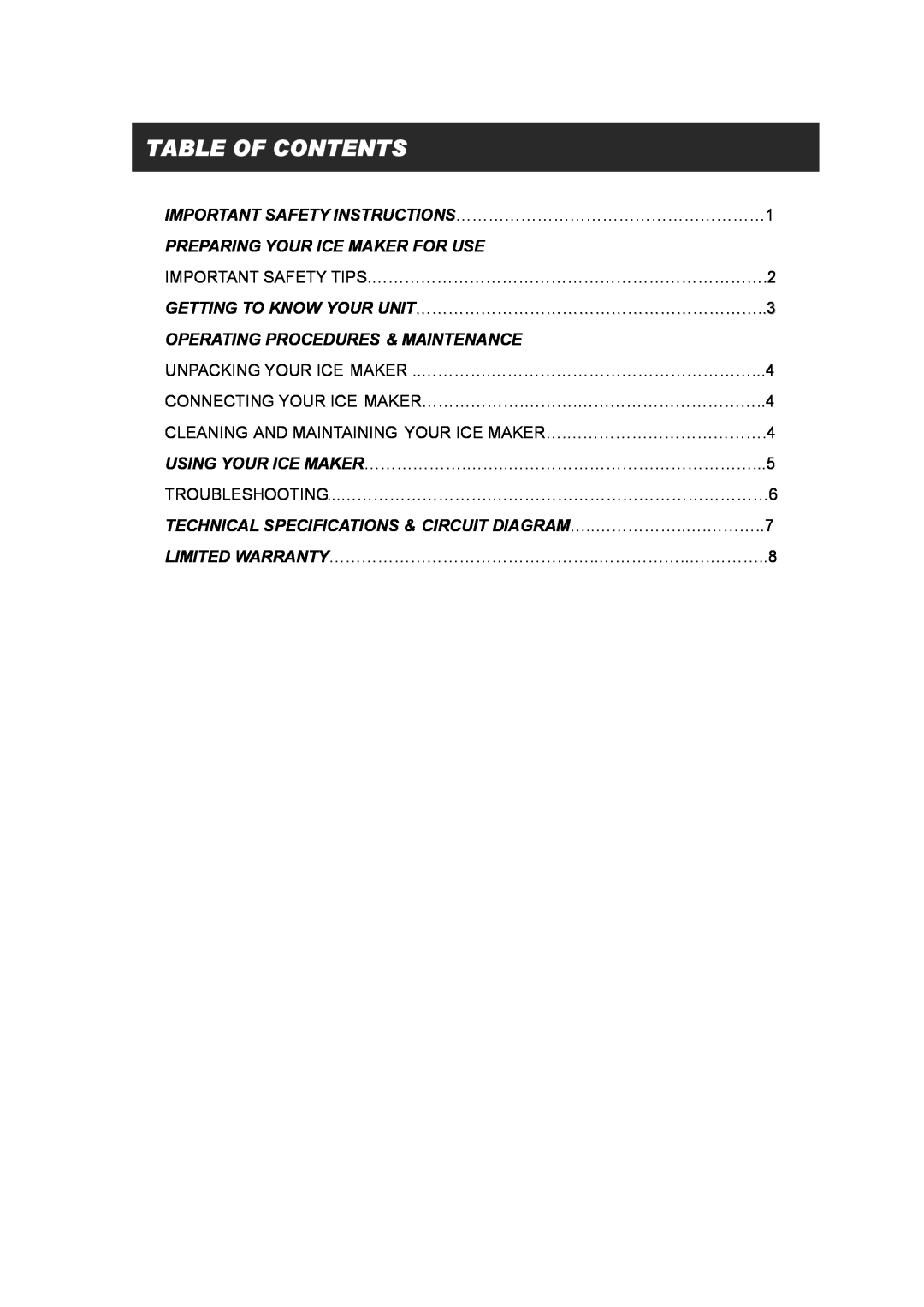 EdgeStar IP300P manual Table Of Contents 