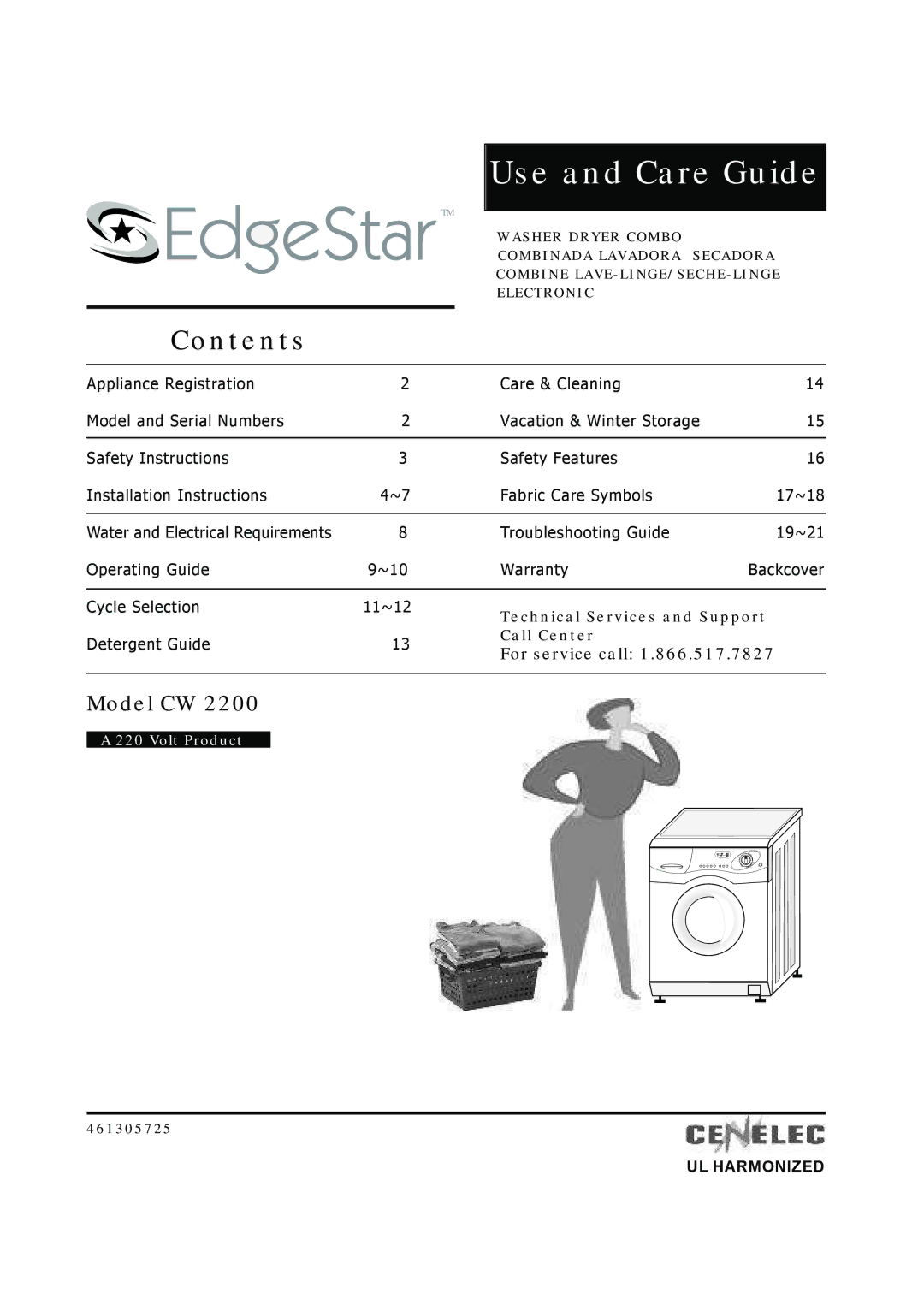 EdgeStar Model CW 2200 installation instructions Contents, For service call, Technical Services and Support, Call Center 