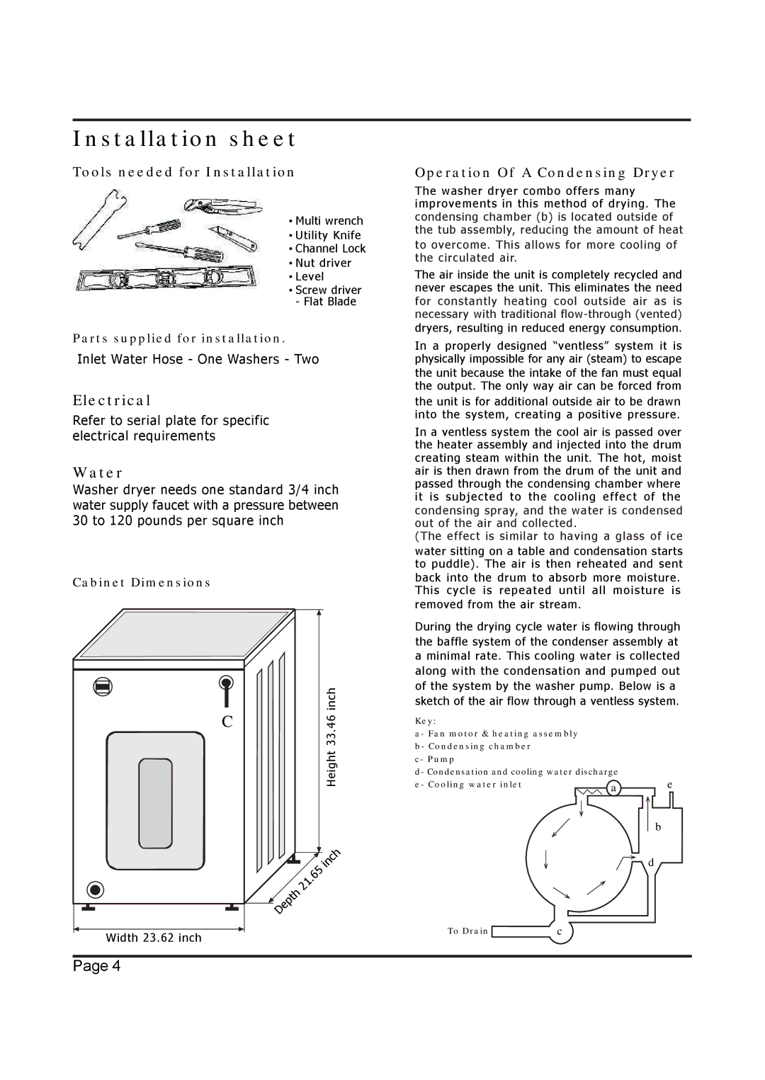 EdgeStar Model CW 2200 Installation sheet, Tools needed for Installation, Operation Of a Condensing Dryer 