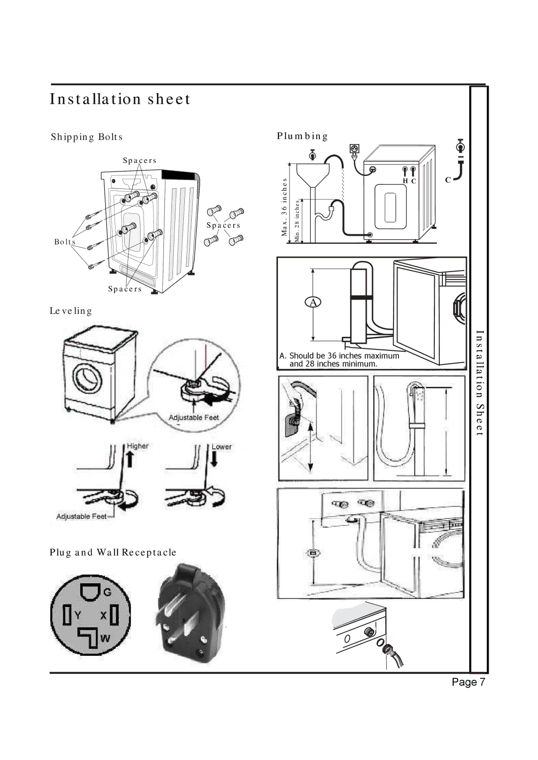 EdgeStar Model CW 2200 installation instructions Shipping Bolts, Leveling Plumbing, Plug and Wall Receptacle 