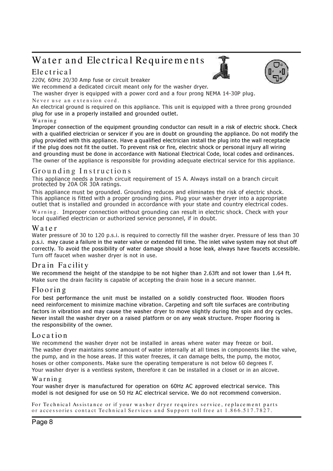 EdgeStar Model CW 2200 installation instructions Water and Electrical Requirements, Never use an extension cord 