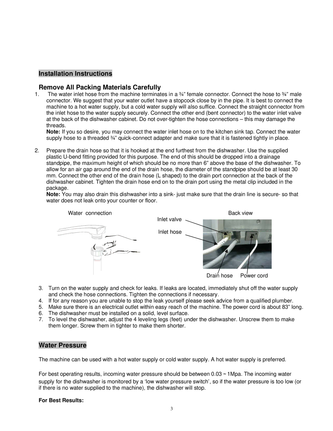 EdgeStar PDW45E owner manual Water Pressure, For Best Results 