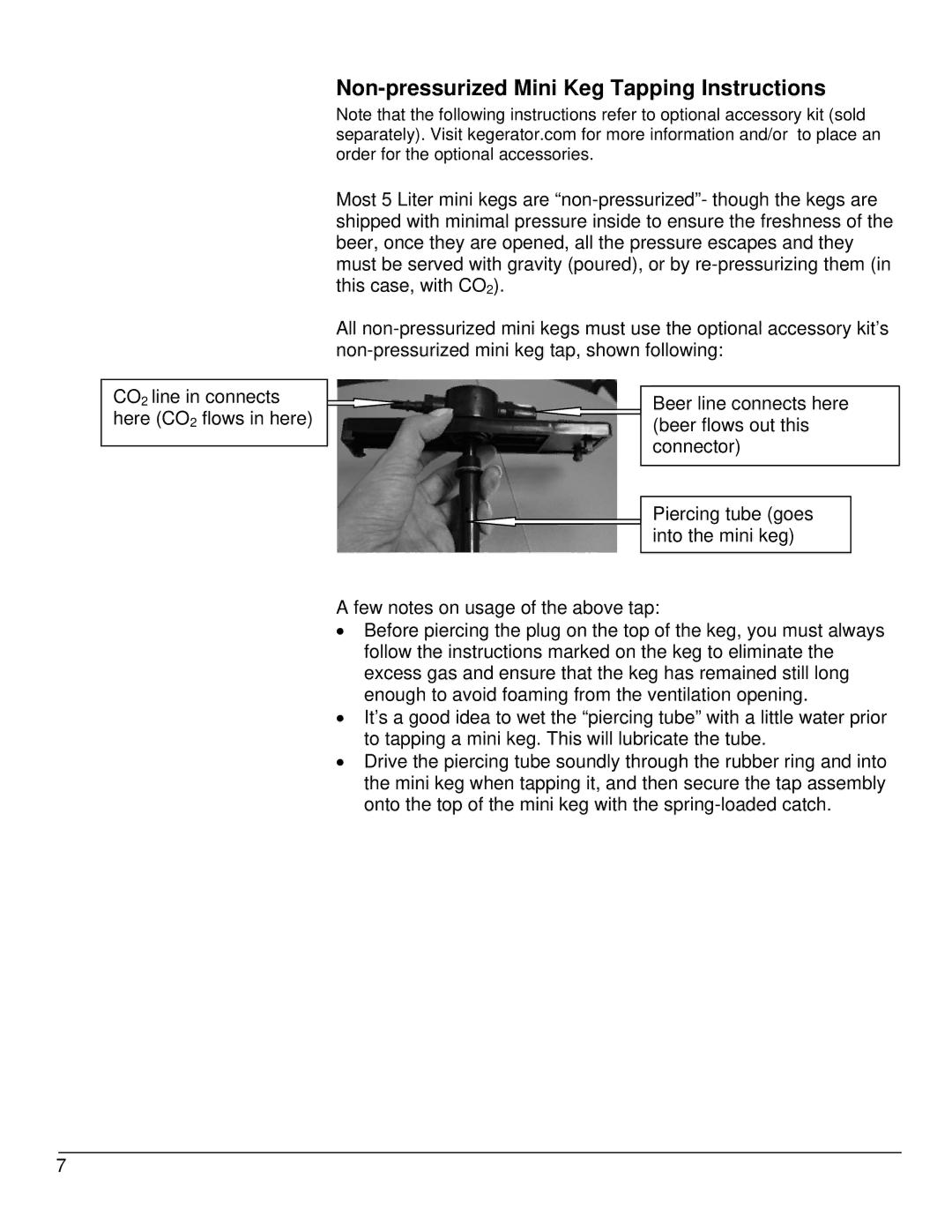 EdgeStar TBC50S owner manual Non-pressurized Mini Keg Tapping Instructions 